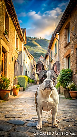 Frenchton dog looks village Stock Photo