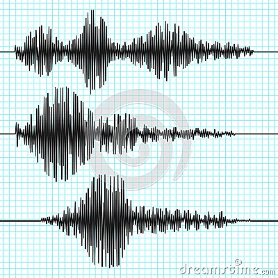 Frequency seismograph waves, seismogram, earthquake graphs. Seismic wave vector set Vector Illustration