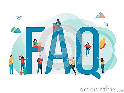 Frequently asked questions concept. People`s with big letter word. Flat cartoon character graphic design. Landing page Stock Photo