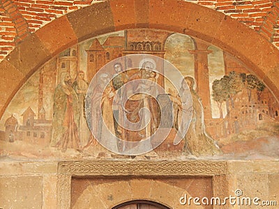 Fresco above the entrance to the church of Saint Gayane in Armenia. Stock Photo