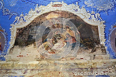 Fresco `Christmas` on a wall of church of the Fedorovsky icon of the Mother of God. Uglich, Yaroslavl region Stock Photo