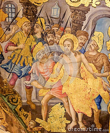 Fresco in Church of the Holy Sepulchre, Jerusalem - Jesus stripped of His clothes on Good Friday Editorial Stock Photo