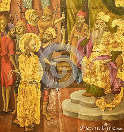 Fresco in Church of the Holy Sepulchre, Jerusalem - Sanhedrin Trial of Jesus Editorial Stock Photo