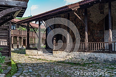 Fresco on church wall in courtyard of The Medieval Orthodox Monastery of Rozhen, near Melnik Stock Photo