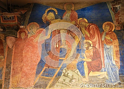 Fresco in Crypt of Siena Cathedral - Jesus taken from the Cross Stock Photo