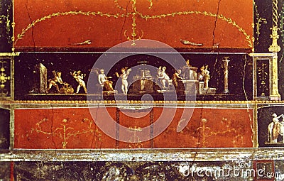 Fresco depicting goldsmith cupids, House of the Vettii, Pompei, Italy. Stock Photo