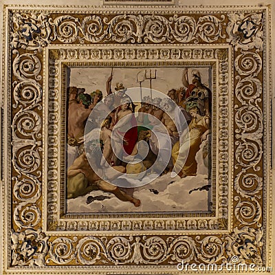 Fresco of Hercules welcomed to Olympus, on the ceiling of the Hall of Hercules at Villa dâ€™Este in Tivoli, near Rome Editorial Stock Photo