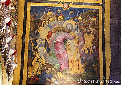 Fresco of Judas betraying Jesus with a kiss in Church of the Holy Sepulchre, Jerusalem Editorial Stock Photo