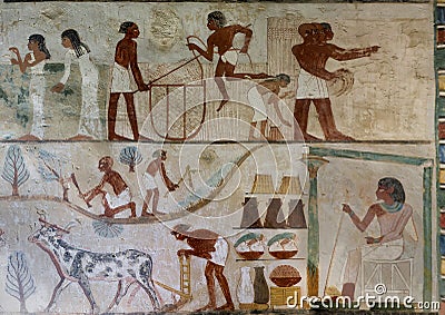 Fresco, lower register northern portion East wall, Nakht`s tomb TT52 in the Theban Necropolis near Luxor, Egypt. Editorial Stock Photo