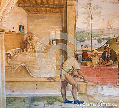 Fresco in Monte Oliveto Maggiore - Life of St Benedict Editorial Stock Photo