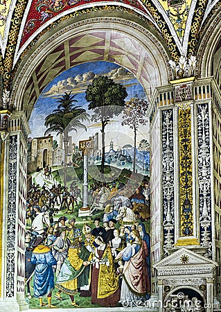 Fresco number 5 in the Piccolomini Library in the Siena Cathedral Editorial Stock Photo