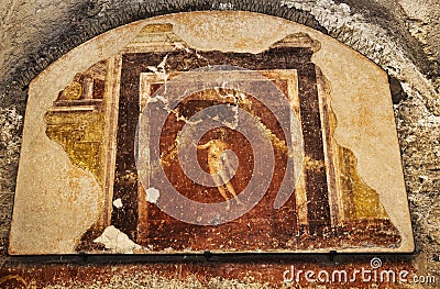Fresco in one of the rooms near the frigidarium of the seven wise men spas in the archaeological excavations of Ostia Antica Stock Photo