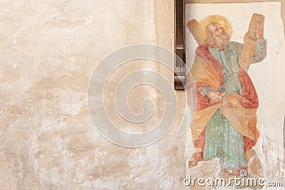 Fresco outside the wall of San Andrea church. It is a Gothic building dating back to the 15th Editorial Stock Photo