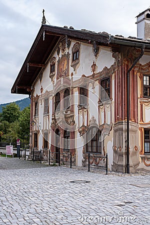 Fresco Paintings of an old House in Downtown Oberammergau, Bavaria Editorial Stock Photo