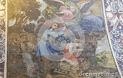 Fresco paintings vault at Chapel of Our Lady of Ara, Fuente del Arco, Spain Editorial Stock Photo