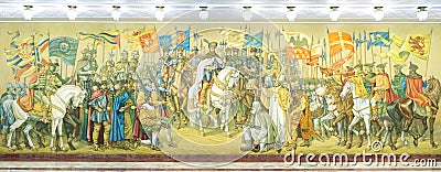 Fresco representing the Great Union of the three romanian principalities Editorial Stock Photo