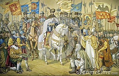 Fresco representing the Great Union of the three romanian principalities Editorial Stock Photo