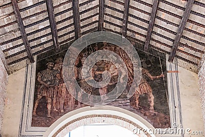 Fresco on the roof of the old fish market of Rimini Editorial Stock Photo