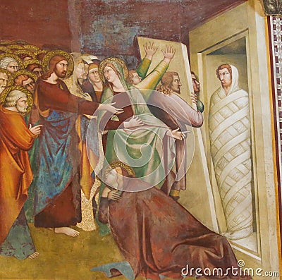 Fresco in San Gimignano - Jesus and Lazarus Editorial Stock Photo