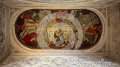 Fresco-style painting in the central arch of the Hall of the Kings in the Alhambra in Granada, Spain. Editorial Stock Photo