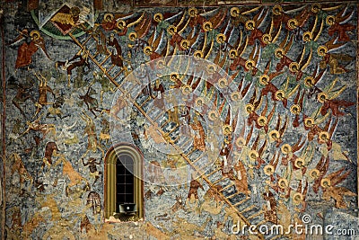 Fresco on wall of monastery GURA HUMORULUI, ROMANIA Editorial Stock Photo