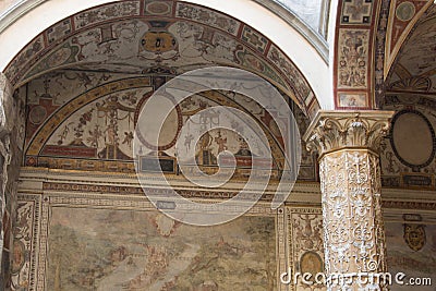 Frescoes at the first inner courtyard of Palazzo Vecchio, Florence, Tuscany, Italy Editorial Stock Photo