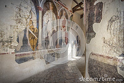 Frescoes with mythological and historical figures by Gentile da Fabriano in Foligno in Palazzo Trinci Editorial Stock Photo