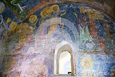 The frescoes of the 12th century Cathedral of the Transfiguration Monastery Mirozhskkogo in Pskov Editorial Stock Photo
