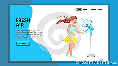 Fresh Air Cooling From Electric Fan On Girl Vector Vector Illustration