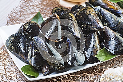Fresh and alive mussels for cooking Stock Photo