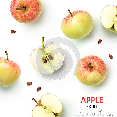 Fresh apples with seeds isolated on white background. Fruits pattern, top view, flat lay. Stock Photo