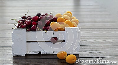 Fresh apricots and cherries in a white wooden box. Half apricots, half cherries. Vegetarian food, supplies. Sale in Stock Photo
