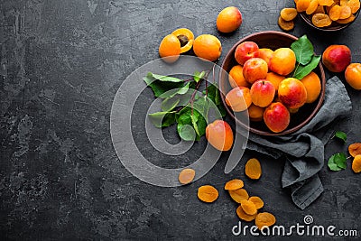Fresh apricots with leaves and dried in bowl Stock Photo