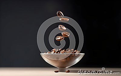 Fresh aroma coffe beans levitation in the plate. Generative AI Stock Photo