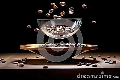 Fresh aroma coffe beans levitation in the plate. Generative AI Stock Photo
