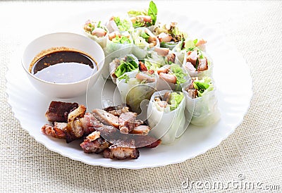 Fresh assorted Asian spring rolls with grilled pork, fresh vegetable. Stock Photo