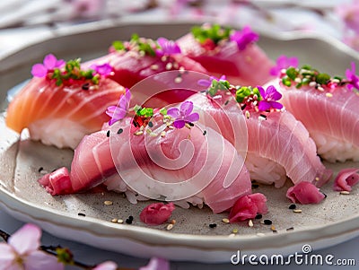 Fresh Assorted Sushi Plate with Salmon, Tuna, and Hamachi Garnished with Edible Flowers and Herbs Stock Photo