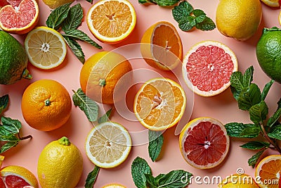 Fresh Assortment of Citrus Fruits with Green Leaves on Pink Background - Healthy Eating Concept Stock Photo