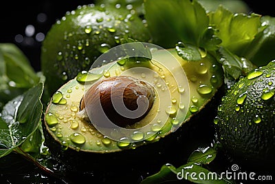 Fresh avocado adorned with bright water drops created with te Stock Photo