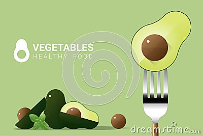 Fresh avocado on fork with pile of avocados background , healthy food concept Vector Illustration
