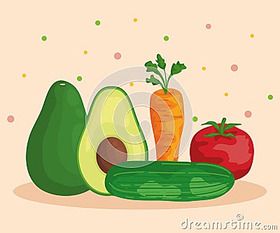 fresh avocado fruit and carrot with tomato and cucumber Cartoon Illustration
