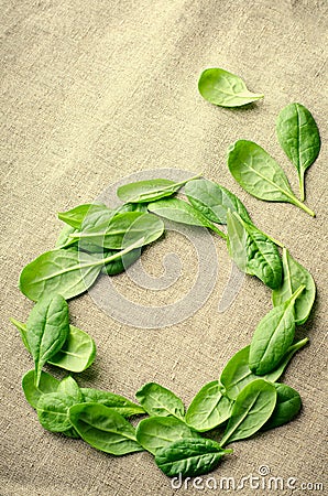 Fresh Baby spinach leaves on sackcloth background. Top view with copy space, round circle frame. Healthy, Ecology Stock Photo