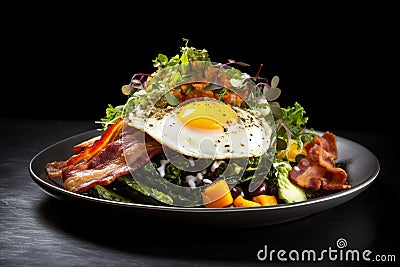 Egg food breakfast cooked fried dinner meat meal lunch bread plate bacon Stock Photo