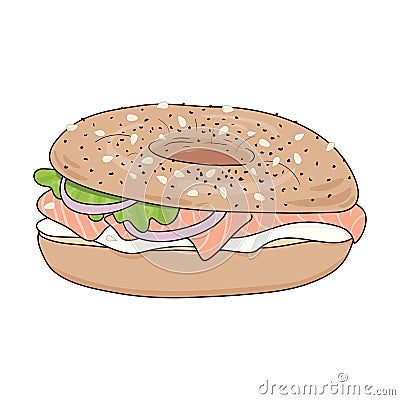 Fresh bagel sandwich with cream cheese and salmon. Poppy seeds and sesame on top. Vector illustration. Vector Illustration