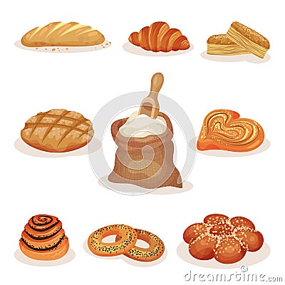 Fresh baked bread and bakery pastry products set, loaf, sweet buns, croissant, bagels vector Illustration on a white Vector Illustration