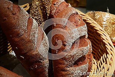 Fresh baked bread in a basket, delicious food Stock Photo