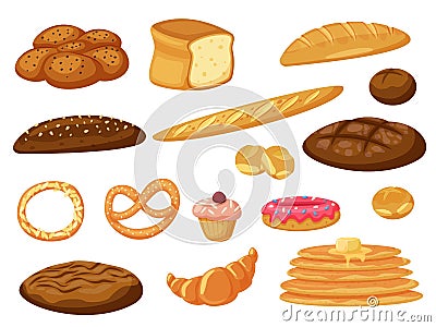 Fresh baked bread and pancakes, buns pastry icon Vector Illustration