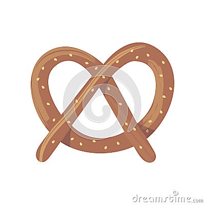 Fresh baked brown pretzel. Cartoon flat food illustration. Tasty bretzel icon. Bakery products and baked goods. Vector Vector Illustration