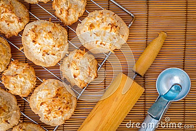 Fresh baked coconut macaroons with seasons greeting tag. Stock Photo