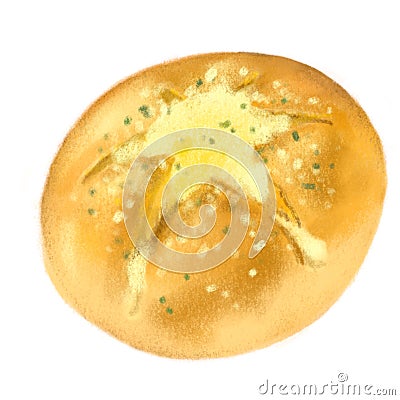Fresh baked cream cheese garlic bun bread bakery hand illustration Cartoon Illustration